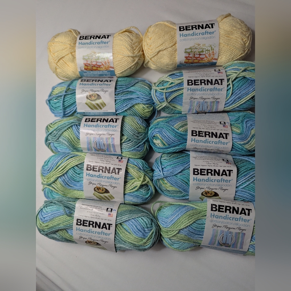Bernat Handicrafter Cotton Yarn "Country Stripes" 8 x 42.5g & Pale Yellow 2x 50g